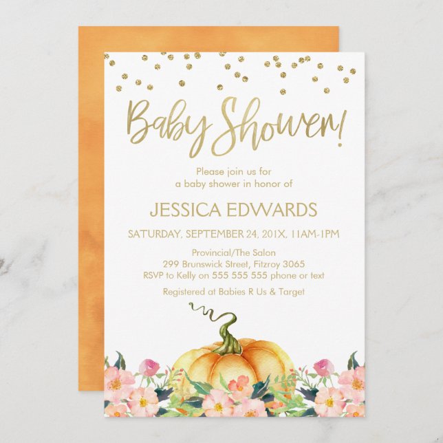 Pumpkin Gold Calligraphy Baby Shower Invitation (Front/Back)