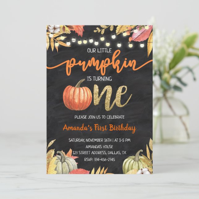 Pumpkin Gold Fall Chalkboard First Birthday Invitation (Standing Front)