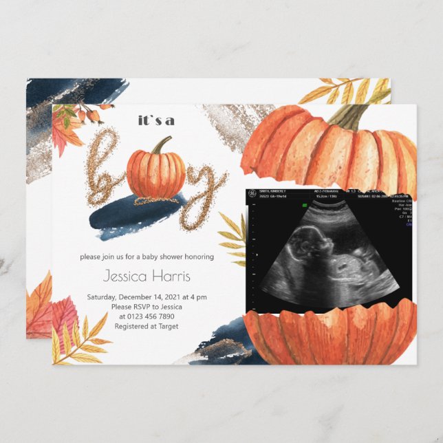 Pumpkin Gold Fall It's A Boy Baby Shower Invitation (Front/Back)