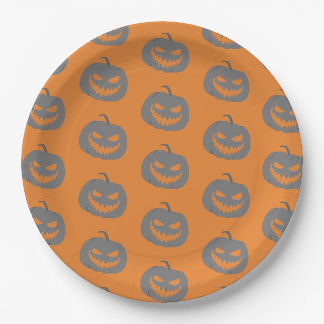 Pumpkin gray & orange Halloween party Paper Plate (Front)