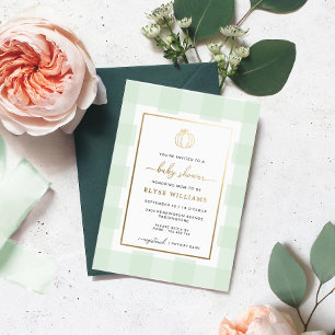 Pumpkin Green Gingham Baby Shower Foil Invitation