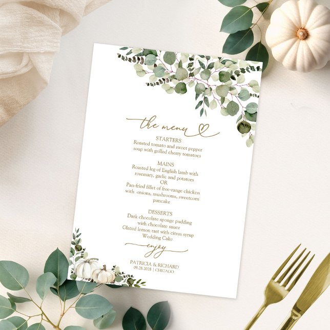 Pumpkin Greenery Fall Wedding Menu Card (Creator Uploaded)