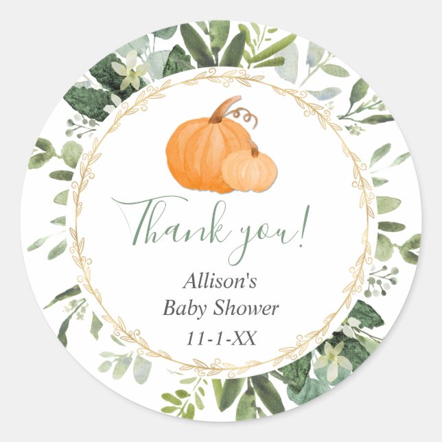 Pumpkin greenery gold fall foliage favour thank yo classic round sticker (Front)
