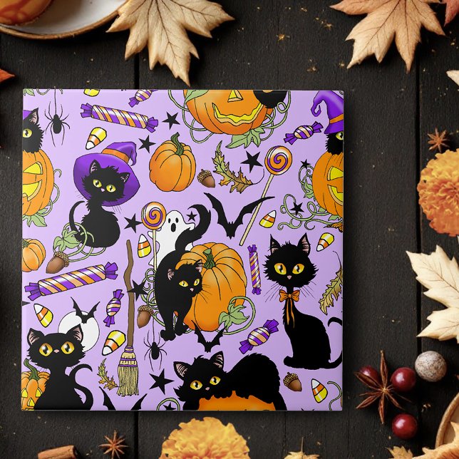 Pumpkin Halloween Candy Black Cats Ceramic Tile (Creator Uploaded)