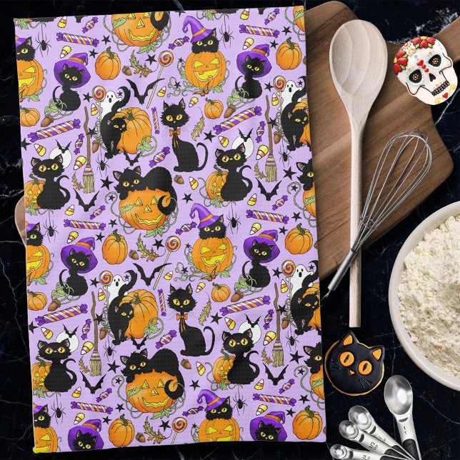Pumpkin Halloween Candy Black Cats Tea Towel (Creator Uploaded)