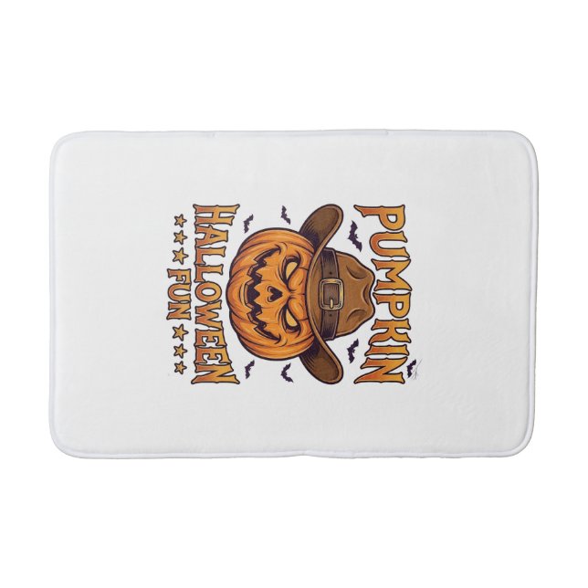 Pumpkin Halloween Fun Jack Lantern Cowboy Hat Bats Bath Mat (Front)