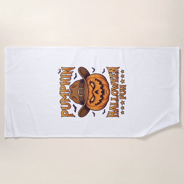Pumpkin Halloween Fun Jack Lantern Cowboy Hat Bats Beach Towel (Front)