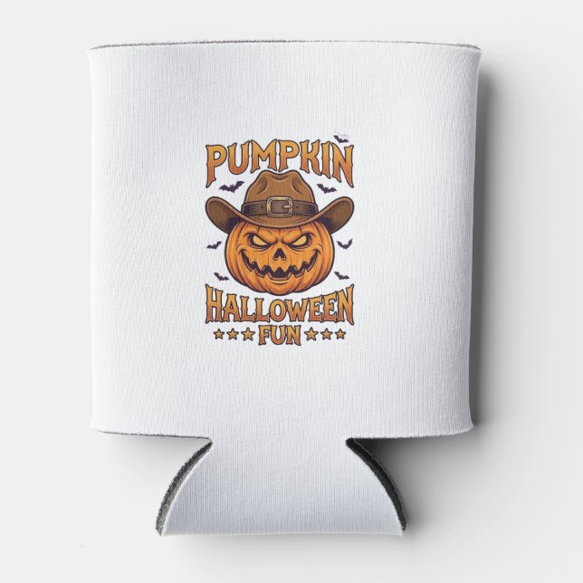 Pumpkin Halloween Fun Jack Lantern Cowboy Hat Bats Can Cooler (Front)