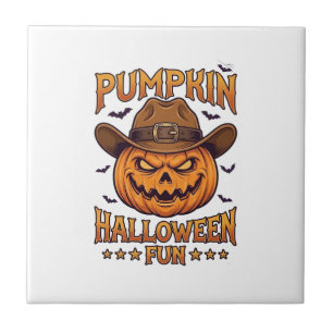 Pumpkin Halloween Fun Jack Lantern Cowboy Hat Bats Ceramic Tile