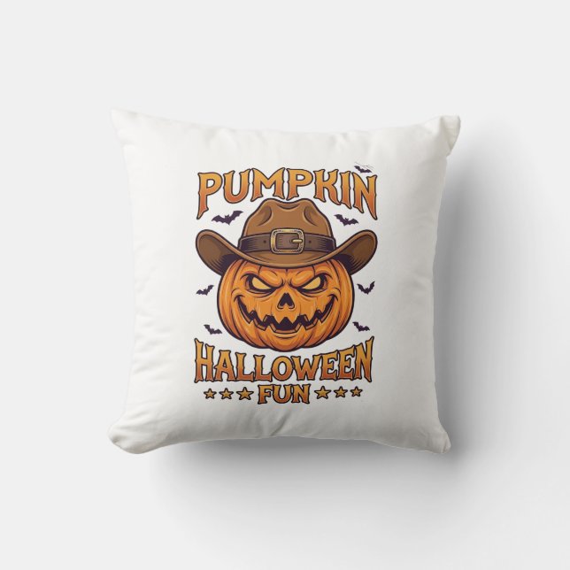 Pumpkin Halloween Fun Jack Lantern Cowboy Hat Bats Cushion (Front)
