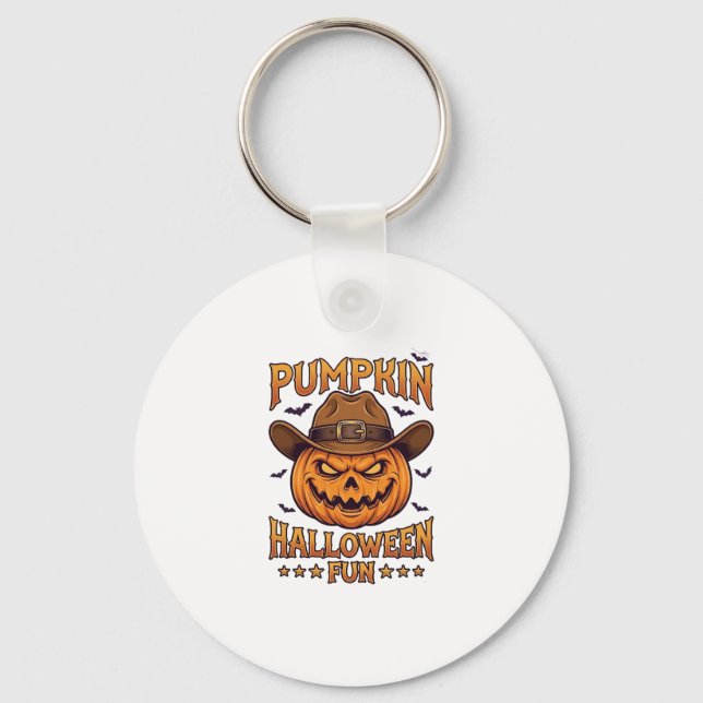 Pumpkin Halloween Fun Jack Lantern Cowboy Hat Bats Key Ring (Front)