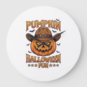 Pumpkin Halloween Fun Jack Lantern Cowboy Hat Bats Large Clock