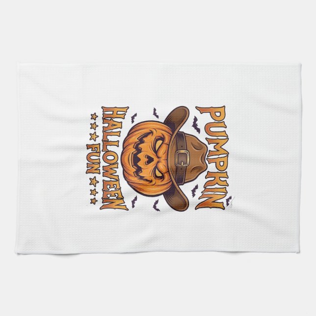 Pumpkin Halloween Fun Jack Lantern Cowboy Hat Bats Tea Towel (Horizontal)