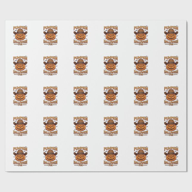 Pumpkin Halloween Fun Jack Lantern Cowboy Hat Bats Wrapping Paper (Flat)