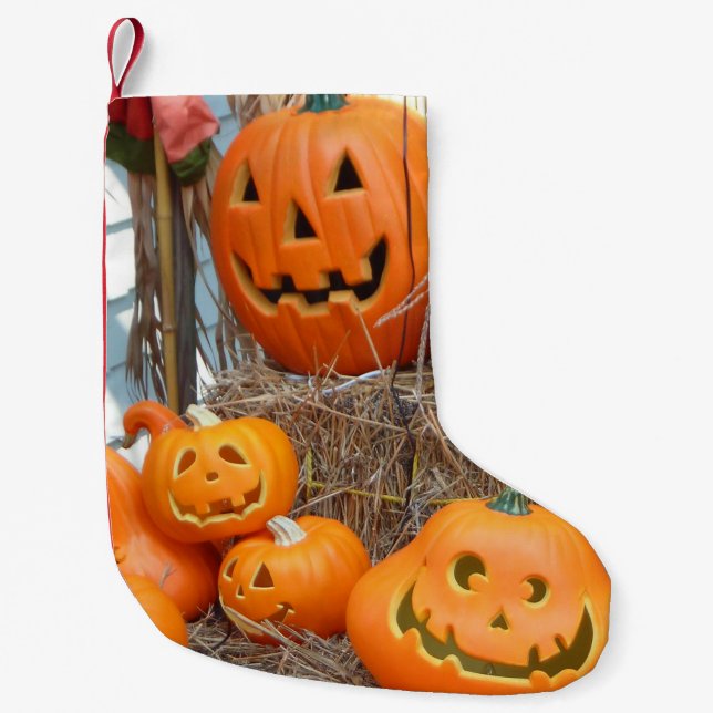 Pumpkin halloween jack o lantern orange pumpkins small christmas stocking (Front)