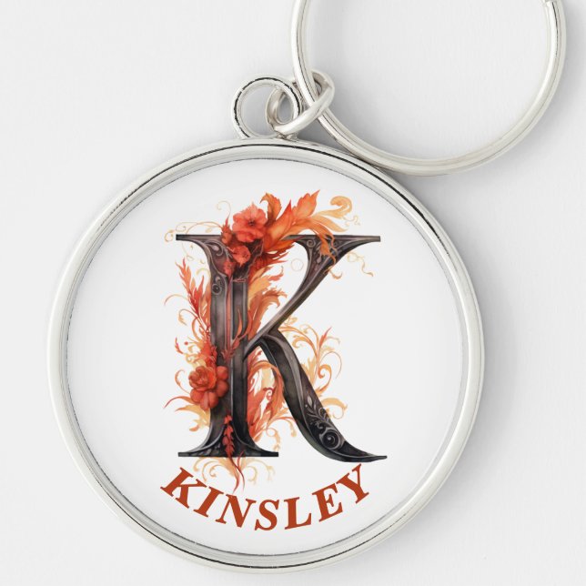 Pumpkin Halloween Name Letter K Floral Monogram Key Ring (Front)