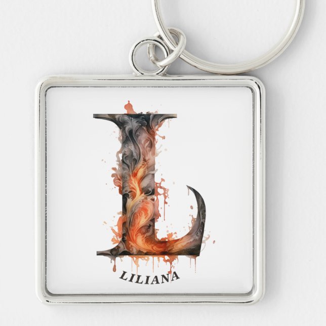 Pumpkin Halloween Name Letter L Floral Monogram Key Ring (Front)