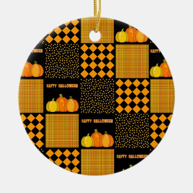 Pumpkin Halloween Patchwork Pattern Ceramic Ornament (Front)