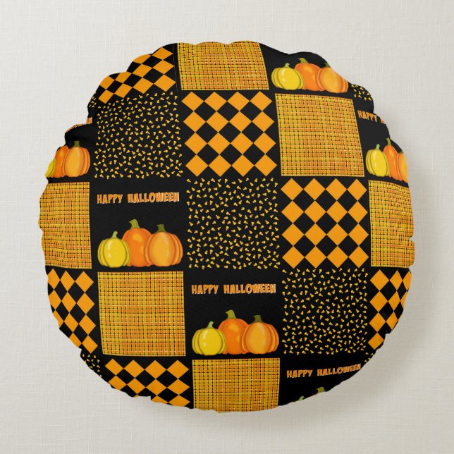 Pumpkin Halloween Patchwork Pattern Round Cushion (Front)