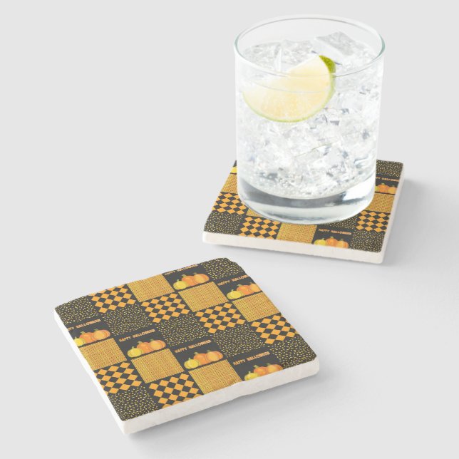 Pumpkin Halloween Patchwork Pattern Stone Coaster (Side)
