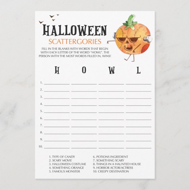 Pumpkin Halloween Scattergories Game Cards (Front)