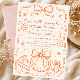 pumpkin hand drawn doodle autumn bow cake Slice Invitation