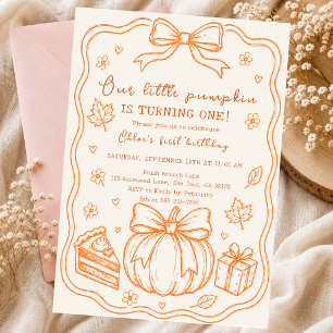 pumpkin hand drawn doodle autumn bow cake Slice Invitation