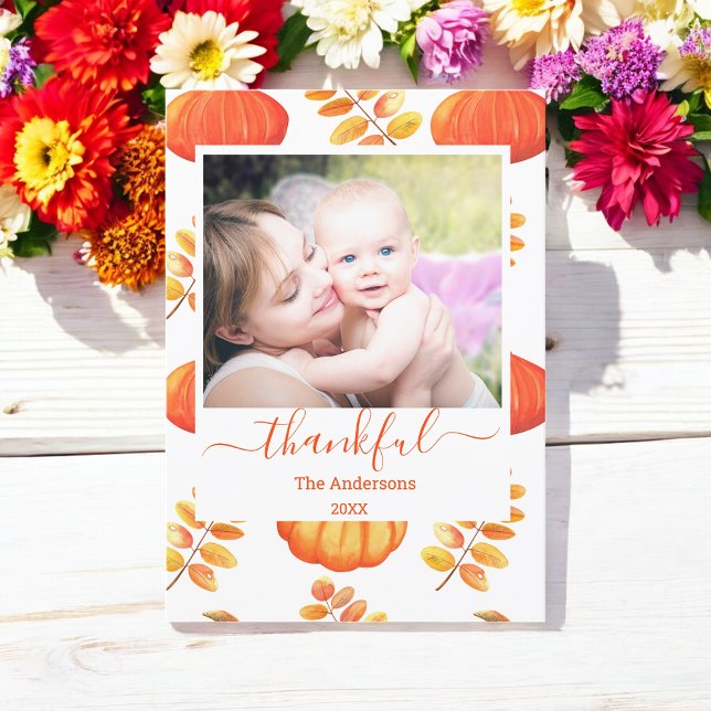 Pumpkin Happy Thanksgiving Photo Orange Plaid  Holiday Card (Creator Uploaded)