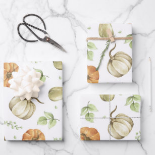 Pumpkin harvest and autumn leaves watercolor  wrapping paper sheet