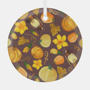 Pumpkin Harvest Autumn Watercolor Pattern Glass Tree Decoration