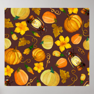Pumpkin Harvest Autumn Watercolor Pattern Poster