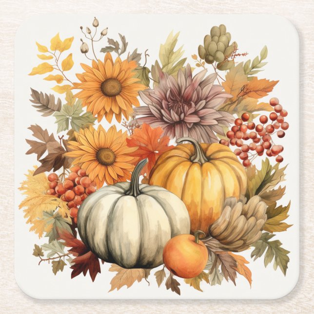 Pumpkin Harvest Floral Medley: Foliage and Florals Square Paper Coaster (Front)