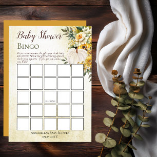 Pumpkin Harvest   Gold Floral Baby Shower Bingo Invitation