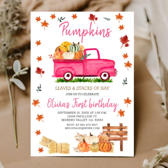 Pumpkin, Hay, Leaves, Fall Birthday Pink Truck Invitation (Creator Uploaded)