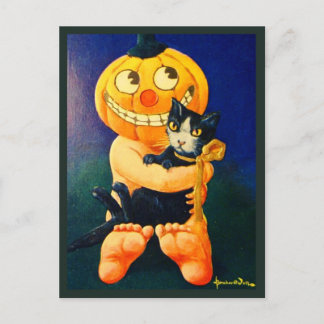 Pumpkin Head Boy Holding Cat - Vintage Halloween Holiday Postcard