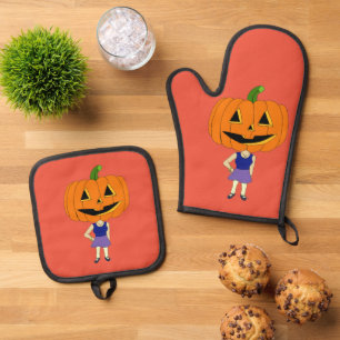 pumpkin head chibi girl oven mitt & pot holder set