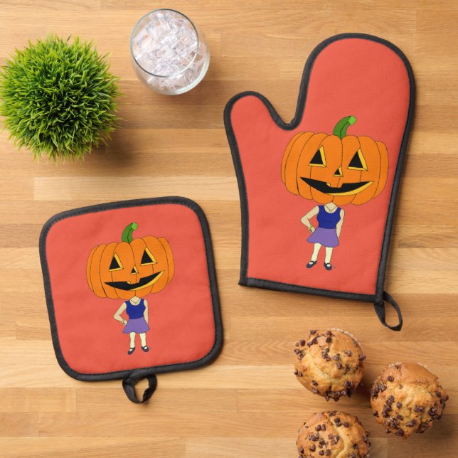 pumpkin head chibi girl    oven mitt & pot holder set (Top Down)