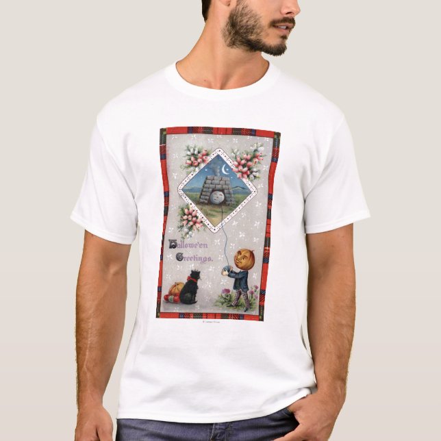 Pumpkin Head Flying a Kite in a Chimney T-Shirt (Front)