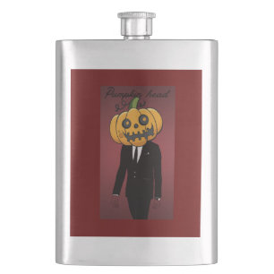 pumpkin head in black suit   hip flask