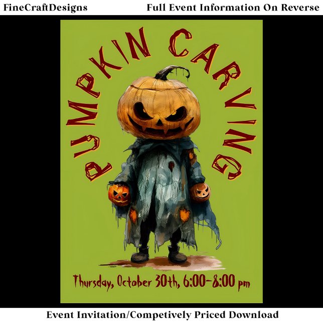 Pumpkin Head Scarecrow Spooky Carving Party Bu C6 Invitation (Creator Uploaded)