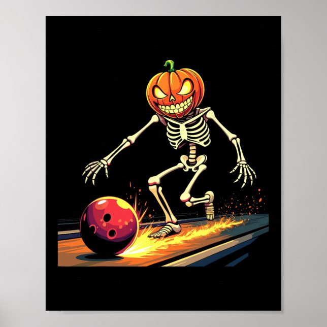 Pumpkin Head Skeleton Bowling Halloween Spooky Spo Poster (Front)