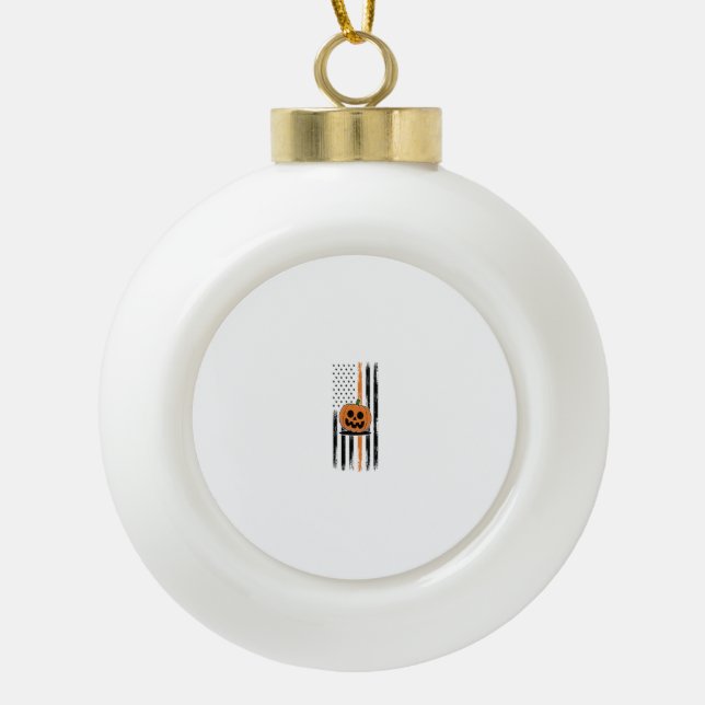 Pumpkin Head US Flag Ceramic Ball Christmas Ornament (Front)