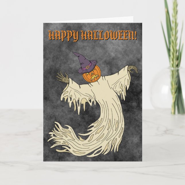 Pumpkin-Headed Ghost Halloween Art Card (Front)
