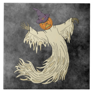 Pumpkin-Headed Ghost Halloween Art Ceramic Tile