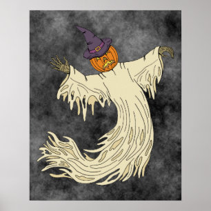 Pumpkin-Headed Ghost Halloween Art Poster