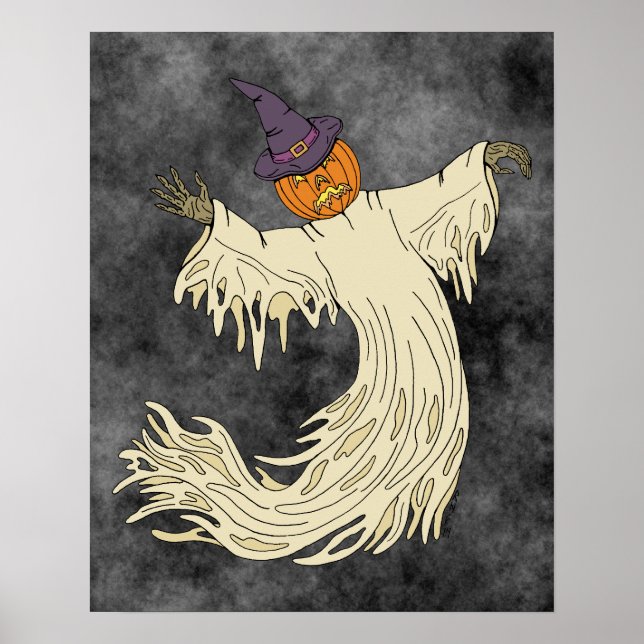 Pumpkin-Headed Ghost Halloween Art Poster (Front)