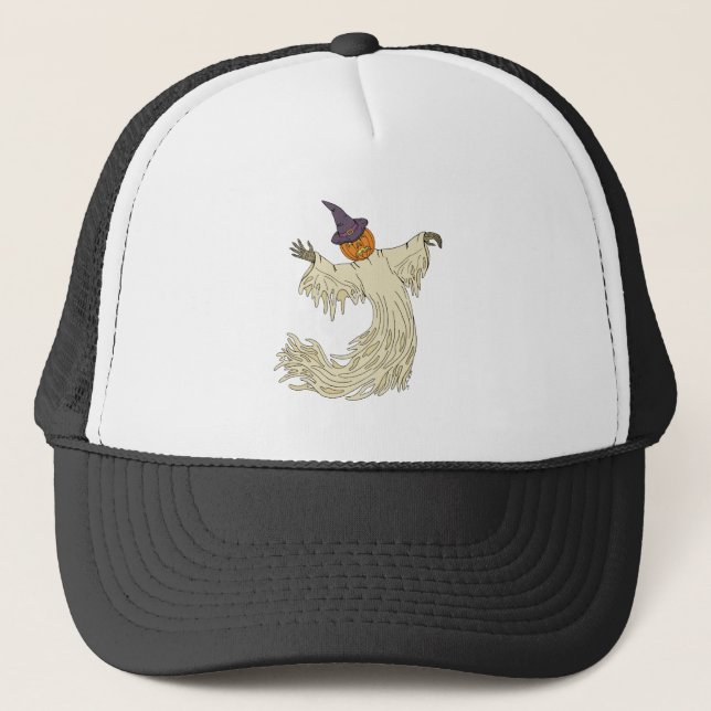 Pumpkin-Headed Ghost Halloween Art Trucker Hat (Front)