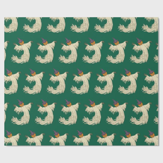 Pumpkin-Headed Ghost Halloween Art Wrapping Paper (Flat)