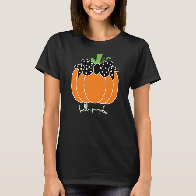 Pumpkin Hello Polka Dot Bow Fall Cute Thanksgiving T-Shirt (Front)