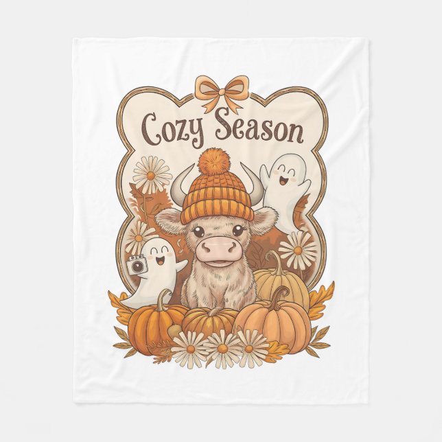 Pumpkin-highland Cow Ghost Halloween Fleece Blanket (Front)